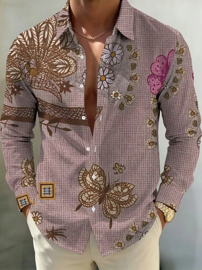 New vintage oil painting hot air balloon dragonfly landscape printed shirt Bohemian men's long sleeved shirt
