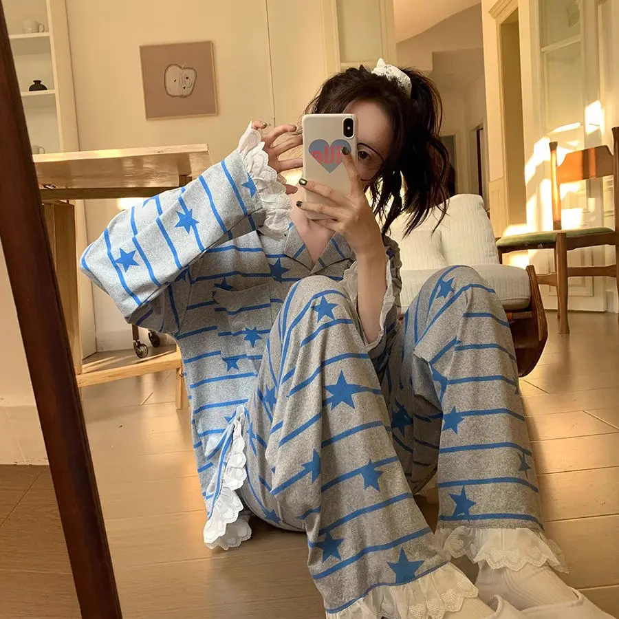 Korean Spring and Autumn Collection Color Contrasting Pentagram Stripe Nightwear for Women 2025 New Lace Lace Set Home Wear Oute