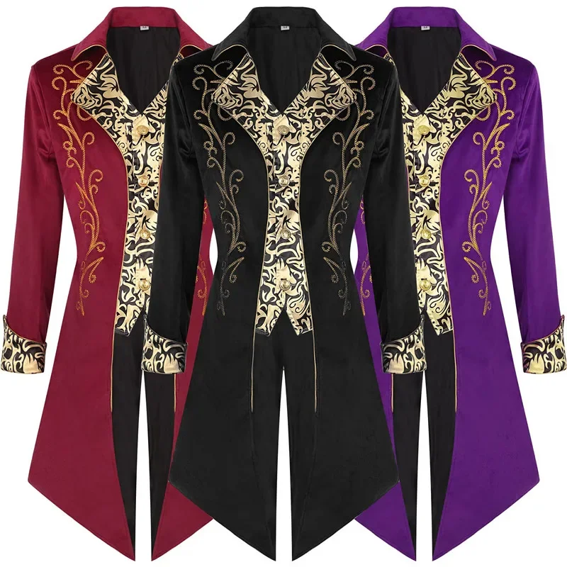 2024 New Men Luxury Jacquard Tuxedo Patchwork Printed Coats Black / Purple / Red Fashion Male Mardi Gras Dress Long Jacket