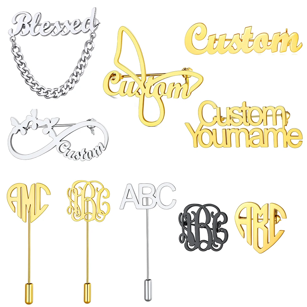 

U7 Stainless Steel Custom Name Brooches Butterfly Infinity Wedding Lapel Pin Unisex Personalized Jewelry Gift Business Woman Man