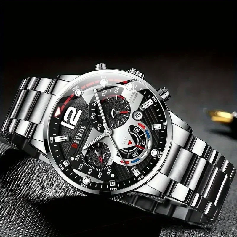 5 unids/set de reloj de moda para hombre, reloj de pulsera de cuarzo, collar de cadena cubana de Hip Hop, pulsera y anillo, accesorios de estilo empresarial