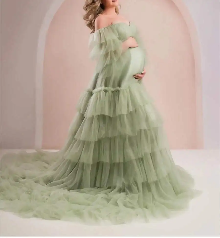 Modern Ruffle Evening Dresses For Women Off Shoulder Pregnancy Bathgown Maternity Tulle Sleeveless Robe for Photo Shoot