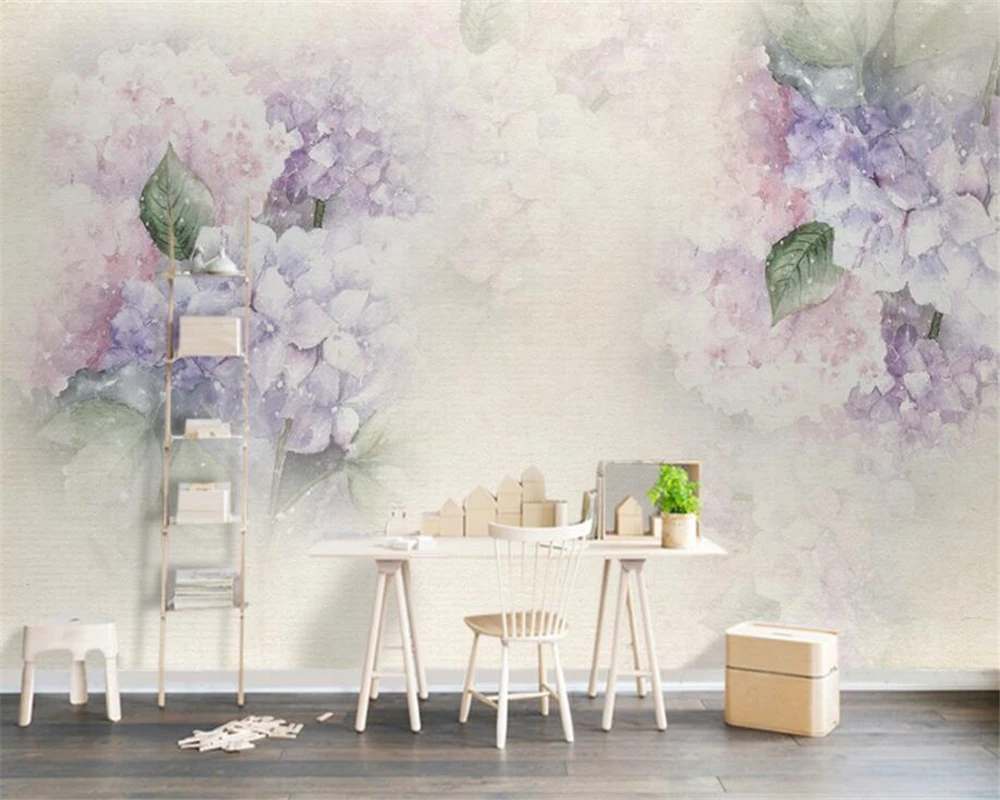 

Индивидуальные 3D-обои для гостиной: диван, стена за телевизором, фиолетовая гортензия, листья, бабочки. Фреска для спальни, ресторана, 8D.