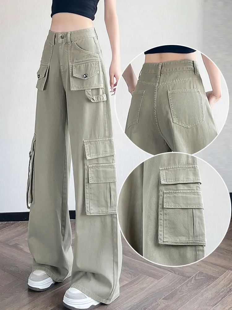 

Брюки-карго в американском стиле, женские осенние новые модные свободные прямые брюки с высокой талией и несколькими карманами, джинсовые широкие брюки