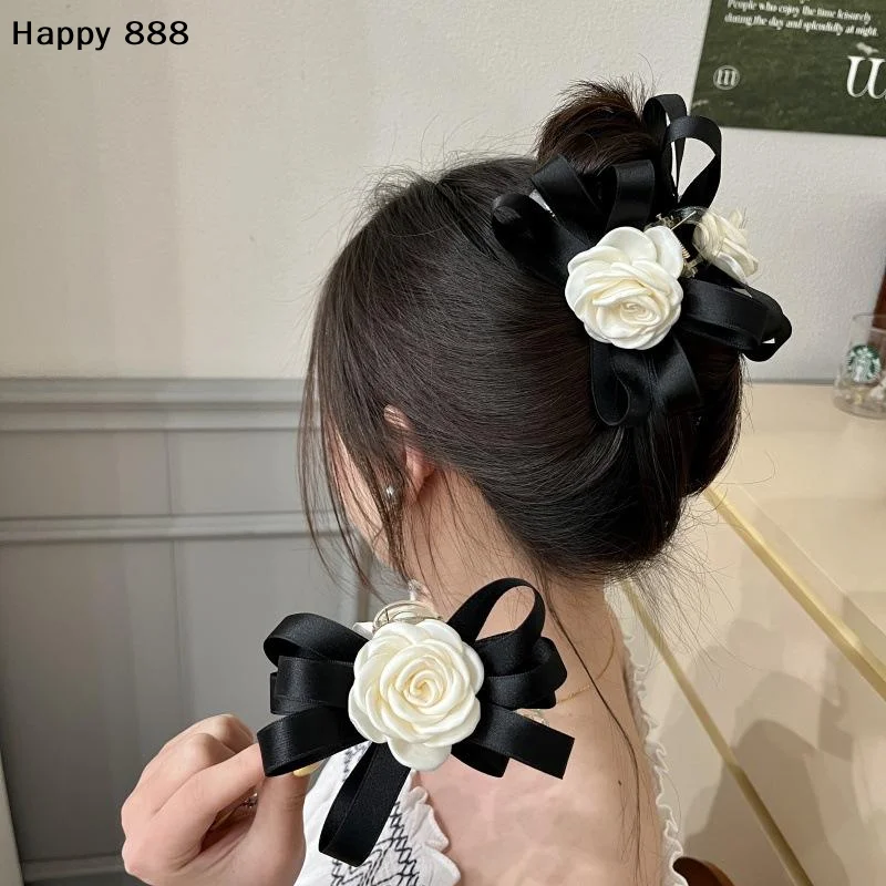 Black-and-White Camellia Bow Hairpin — Elegant French-Style Shark Clip For Women