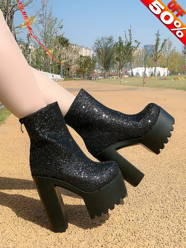 6 Inches Glitter Short Women Boots Stripper Heels Models Party Stage Show Nightclub Pole Dance Shoes Mature Retro Platform New