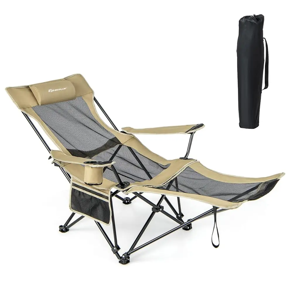 

Reclining Camping Chair With Foot Rest, For Adults, W/Adjustable Backrest, Storage Bag & Cup Holder, Portable Recliner Beach