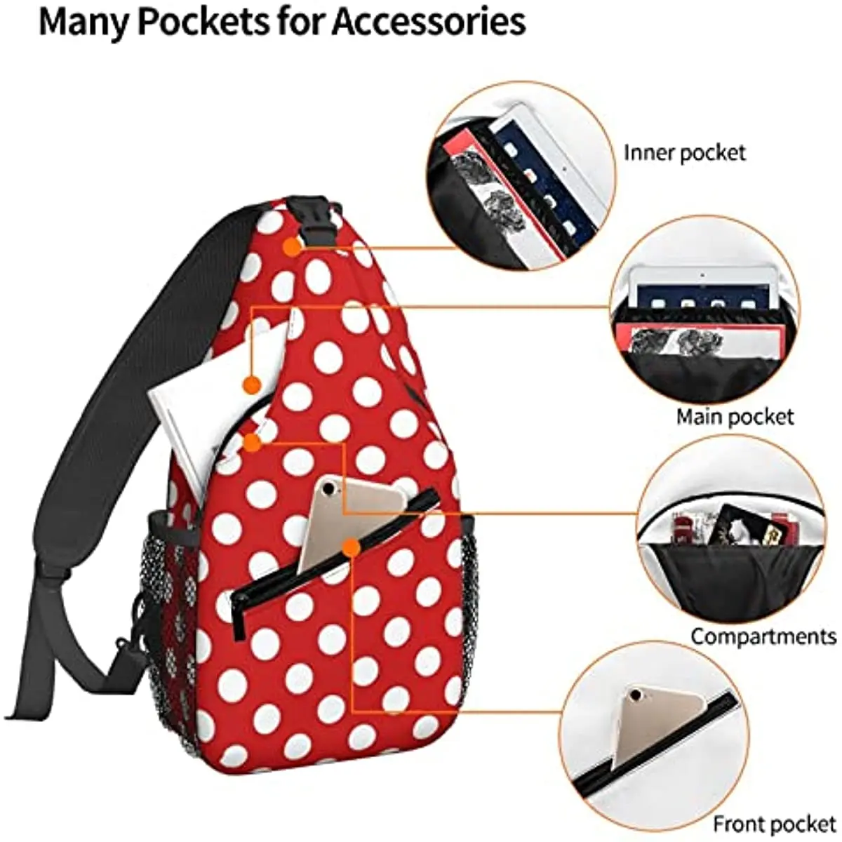 Mochila vermelha branca de bolinhas, bolsa de peito crossbody, bolsa de ombro, ginásio, ciclismo, viagens, caminhadas, mochila para homens, mulheres