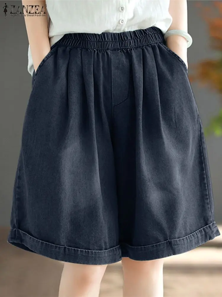 ZANZEA Casual Loose Elastic Waist Shorts Women 2024 Fashion Denim Solid Wide Leg Short Pants Summer Leisure Daily Jeans Trousers