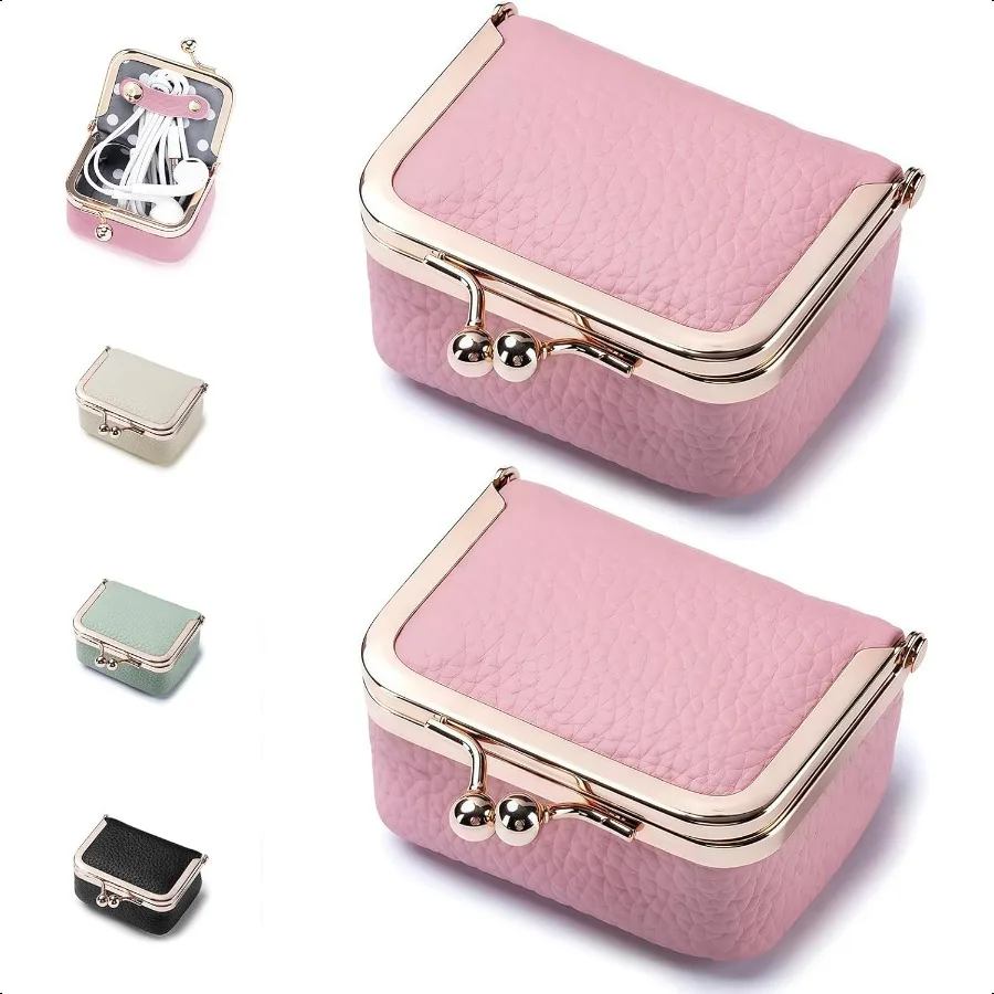 

2Pack Genuine Leather Mini Coin Purse Jewelry Box Travel Case Assemble Portable Small Leather Organizer with Coin Pouch Tiny Co