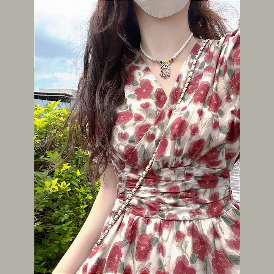 

【New style】French coffee break floral dress, women's dress, summer high-end design, large skirt, slimming temperament, goddess
