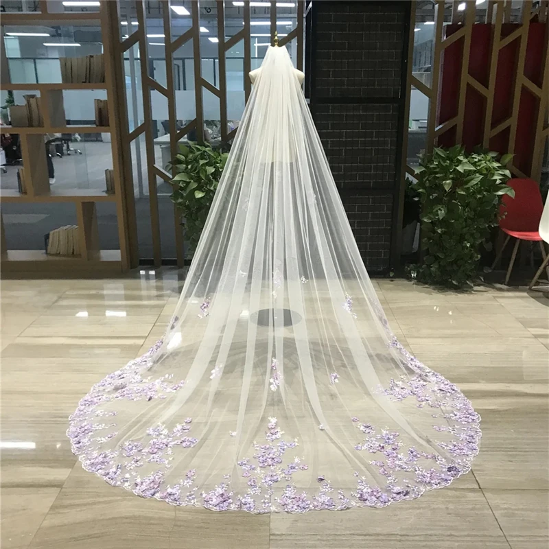 3D Purple Pearls Bridal Wedding Veils With Comb Ivory White Flowers Unique Beaded Lilac Accessories For Brides Luxury Flowers