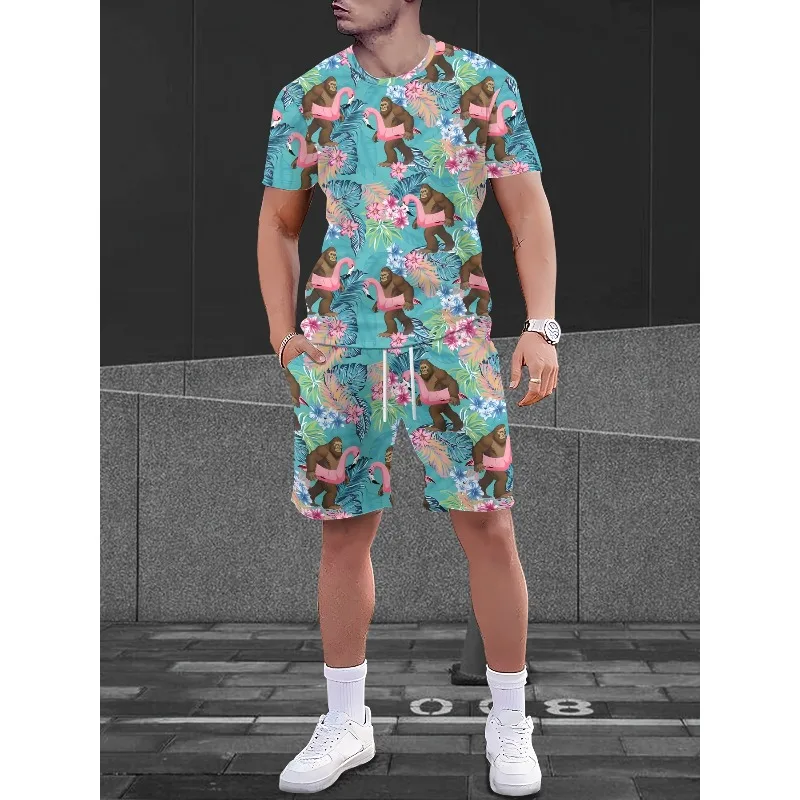 2025 Fashion Men's Round Neck Short Sleeved T-shirt Shorts 2-piece Set Summer Casual 3D Printed Sports Polyester Fiber Set