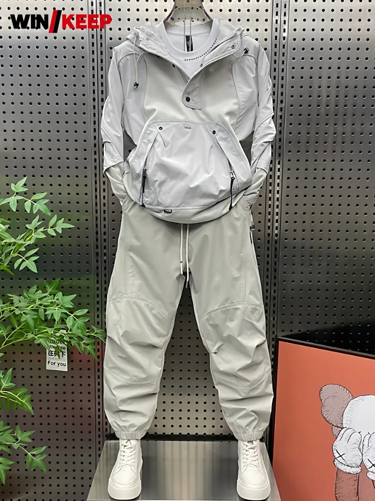 Autumn Winter New Men Thick Windbreaker Hooded Top Joggers Pants Two Piece Running Set Loose Fit Gym Fitness Tracksuit Pockets