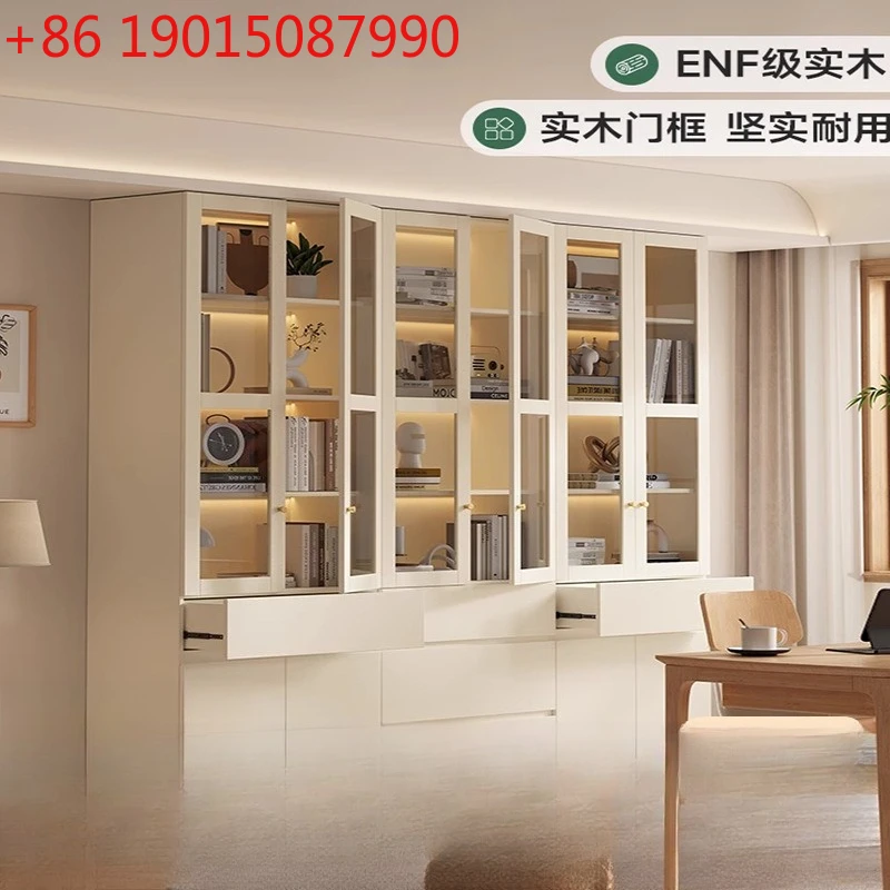 Solid wood oak bookcase to the top full wall display cabinet household glass floor-to-ceiling white combination storage