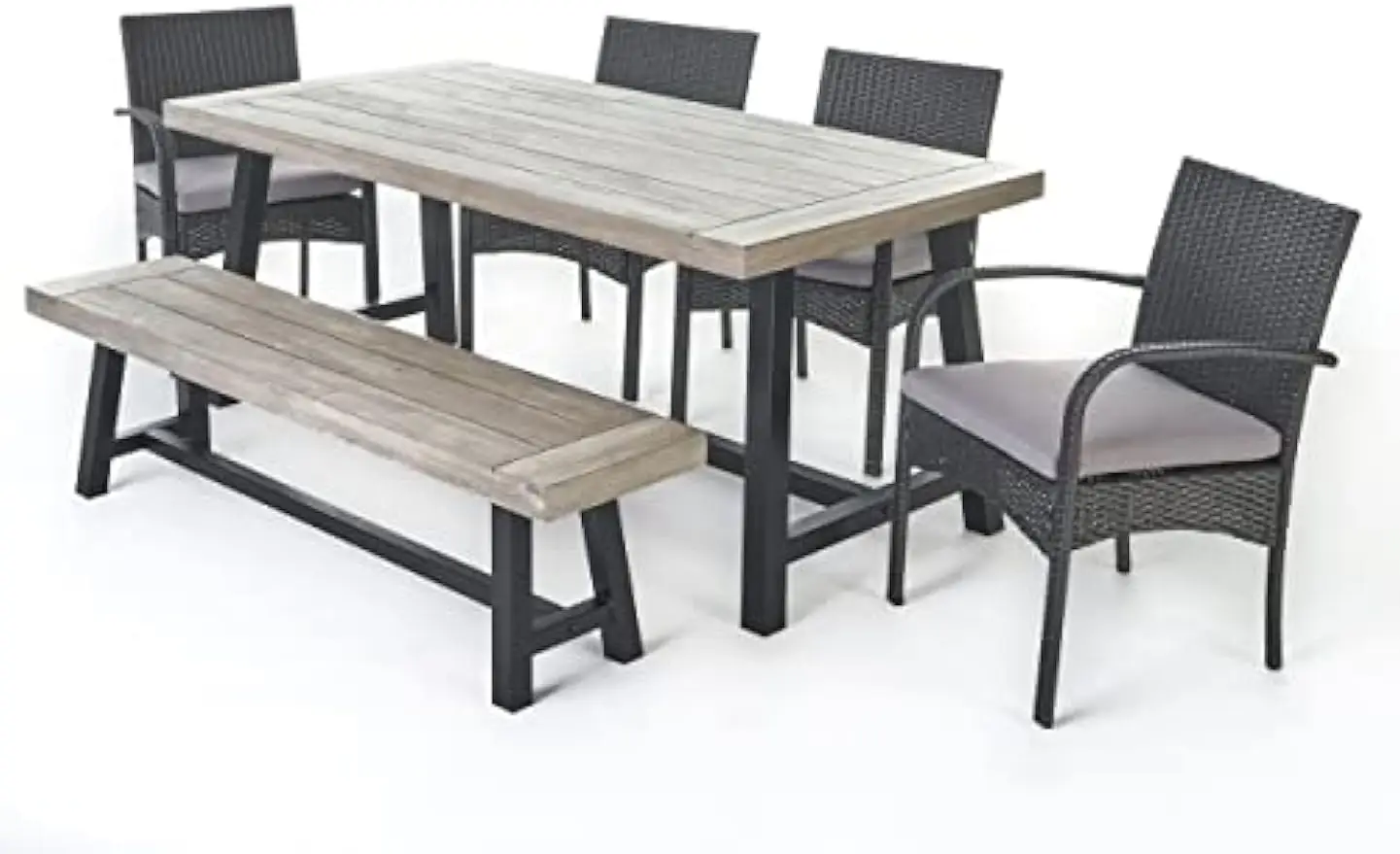 Louise Outdoor Wicker Dining Set with Acacia Wood Table and Bench and Water Resistant Cushions 6-Pcs Set Sandblast Light Grey