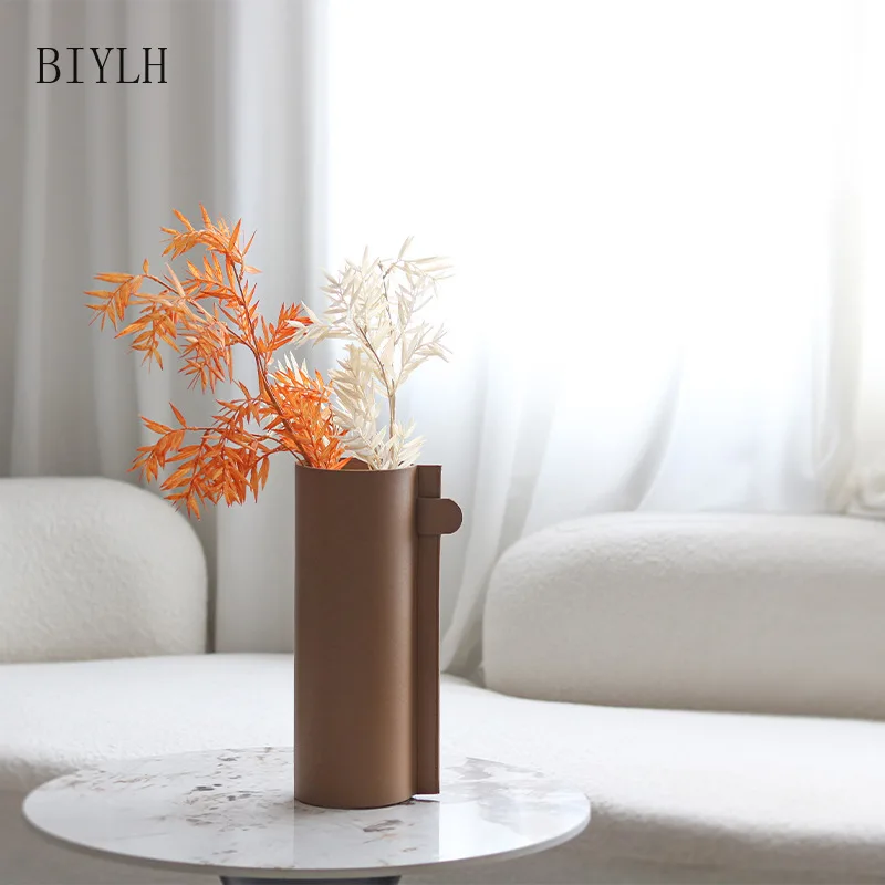 

Nordic Style Leather Glass Vase Brown Simple Home Decoration Flower Arrangement Ornaments Living Room Tabletop Decor Vases