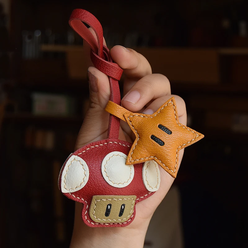 Handmade Leather Mushroom and Star Bag Charm KeyRing