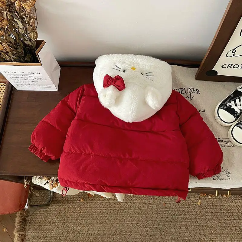 Hot Hello Kitty Kids Cartoon Katoenen Jas Sanrio Meisje Kawaii Leisure Outdoor Jas Met Capuchon Winddicht Dikker Winterkleding Nieuw