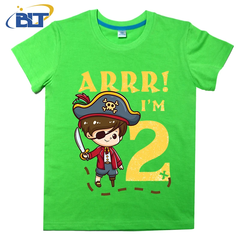 Camiseta con estampado de capitán pirata para niños, top informal de manga corta de algodón de verano, adecuado para niños y niñas, 2 ° cumpleaños