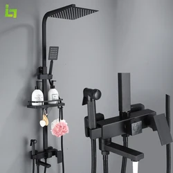Long Spout Matte Black Shower Faucet Set Rainfall High Quality All Metal Bathtub Mixer Tap 4-way With Bidet Stainless Steel