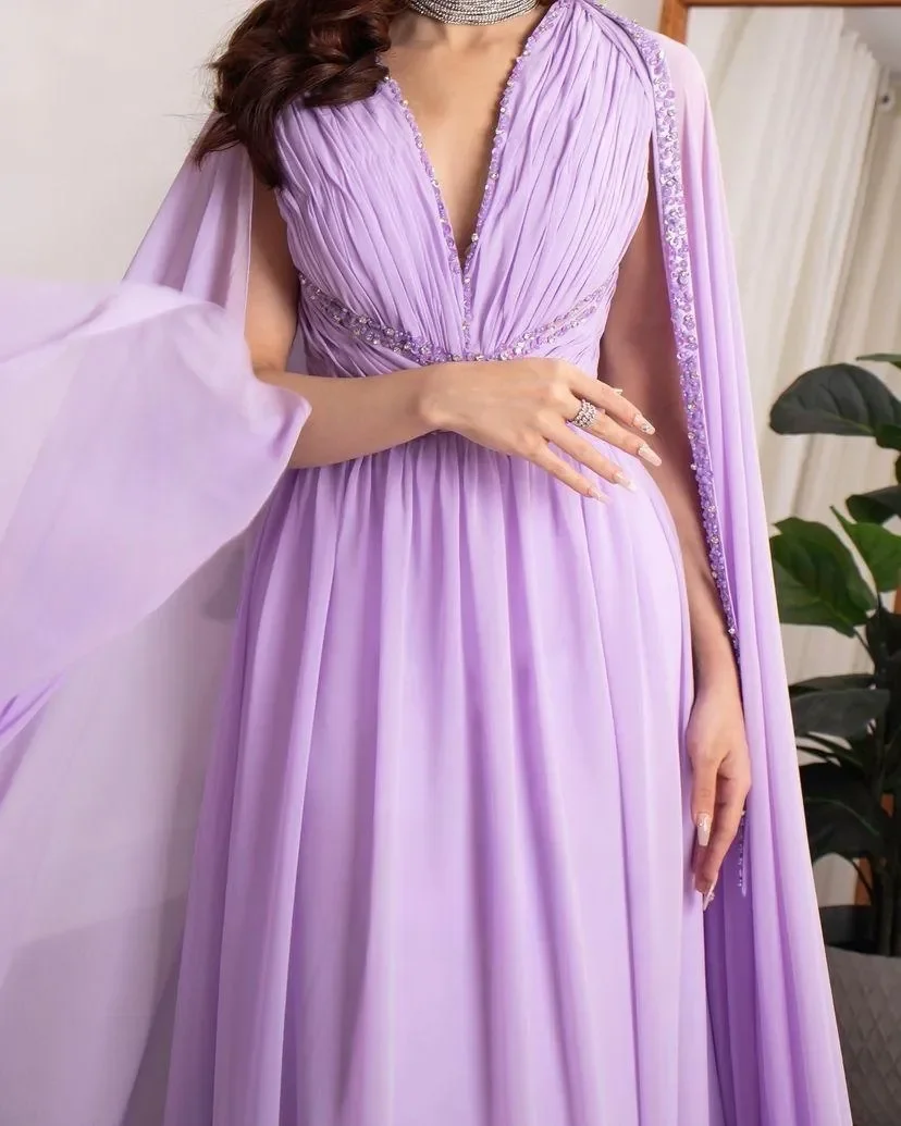 

Saudi Arabia Chiffon Evening Dress Beads Sequins Prom Dresses Watteau Train Ruched A-Line Floor-Length Elegant Party Dresses