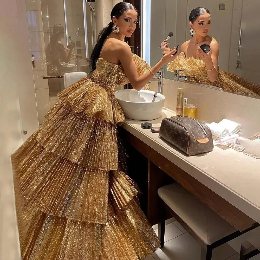 Customized Prom Dress Gold A-Line Strapless Ruffles Evening Dresses 2025 Luxury Gown For Women Party Couture فساتين سهره فاخره