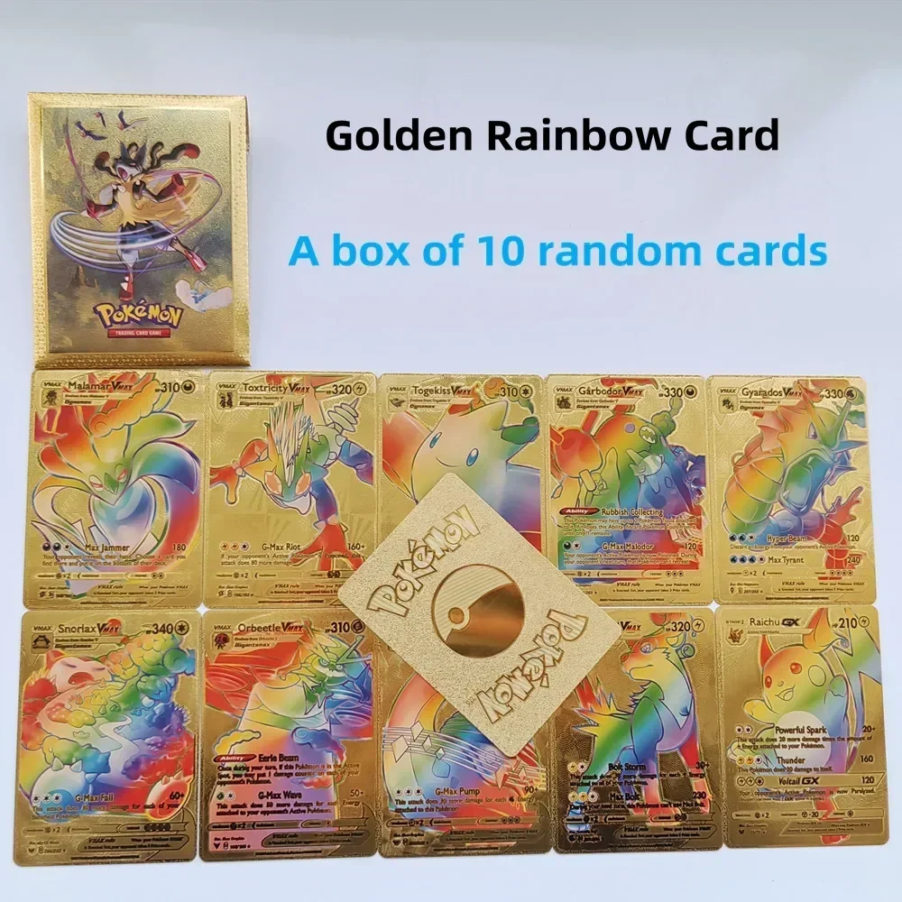 Folha de ouro Pokemon Cards, Vmax Vstar V Energy Card, Charizard Pikachu Rare Series Cartão de treinador de batalha, Novo, 10pcs por caixa