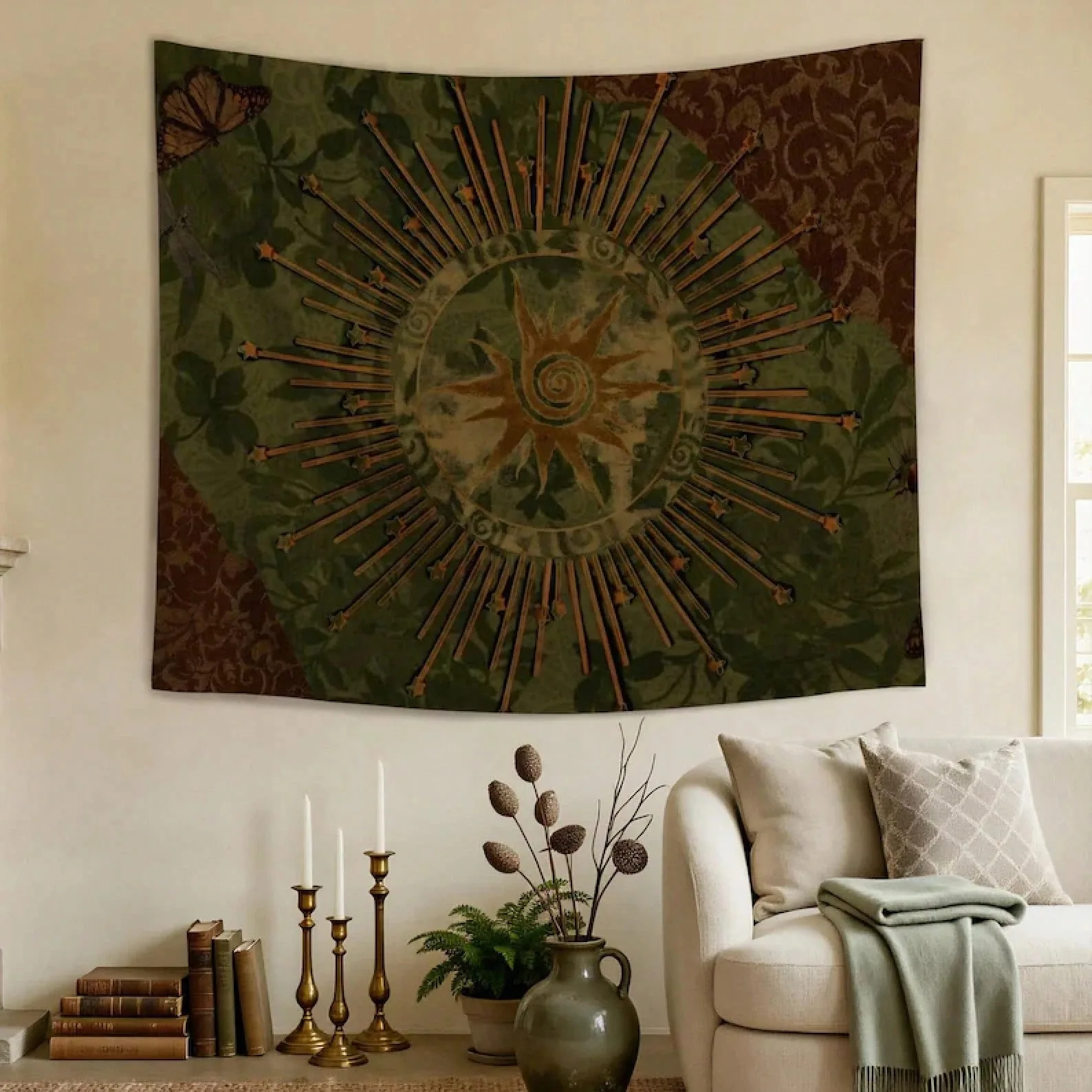 1pc Moss Green Mandala Tapestry,Vintage Botanical Wall Hanging,Mystic Nature Aesthetic, Home Decor For Living Room Bedroom Dorm
