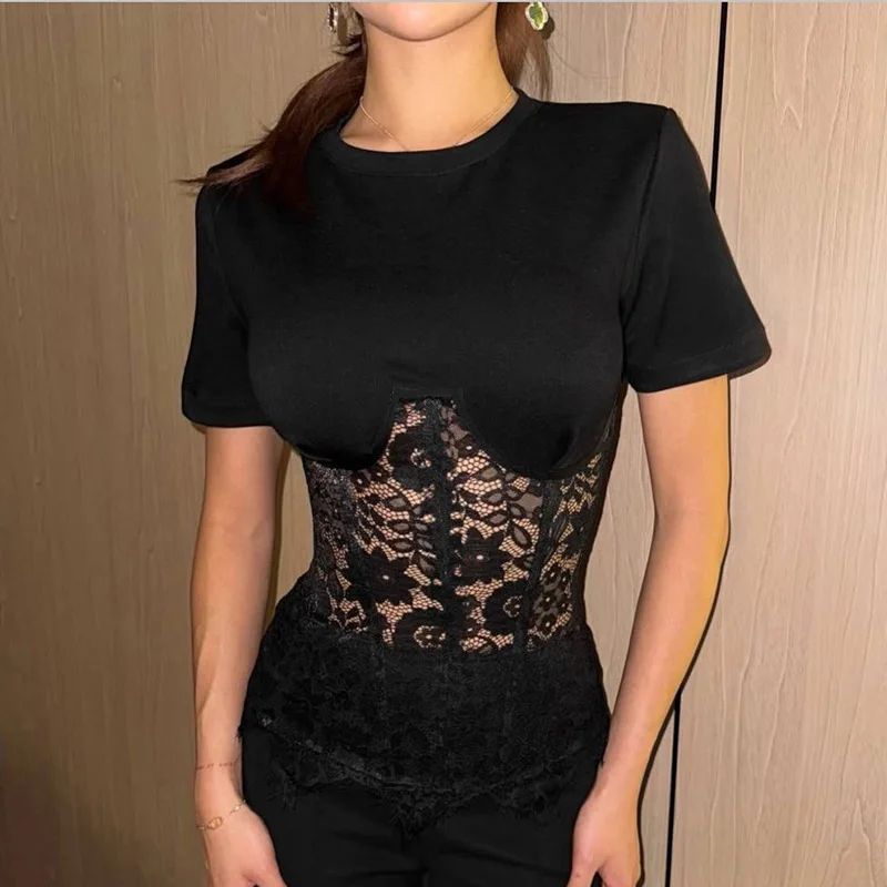 

2026 Women's Spring and Summer New Crew Neck Sexy Lace Splicing T-Shirt Top Women