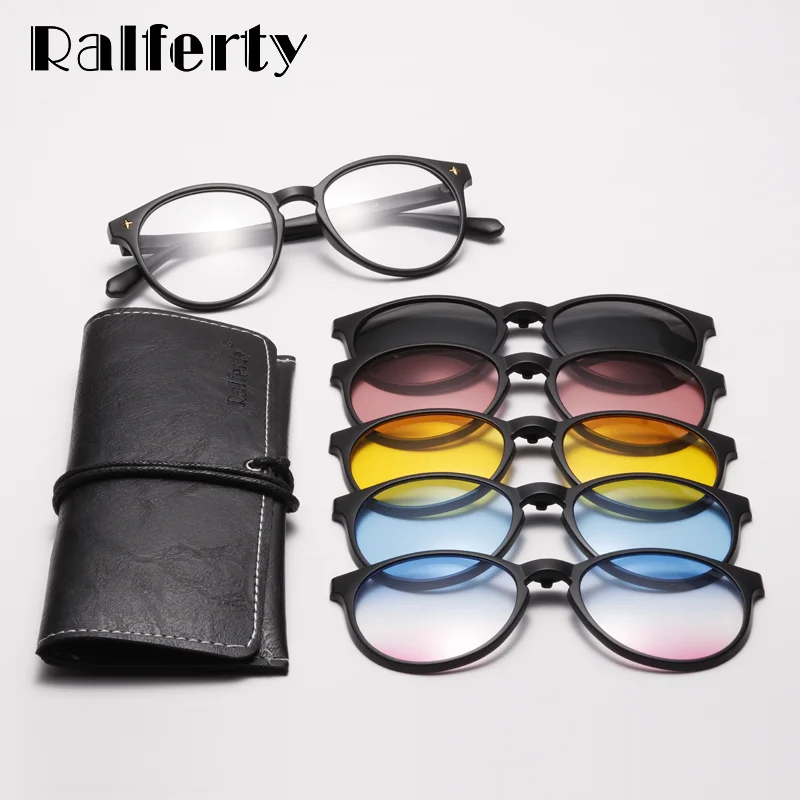 

Ralferty 5 In 1 Magnetic Sunglasses Women Men Round Clips On Glasses Polarized UV400 Anti Blue Driving Optic Sun Glasses Frame