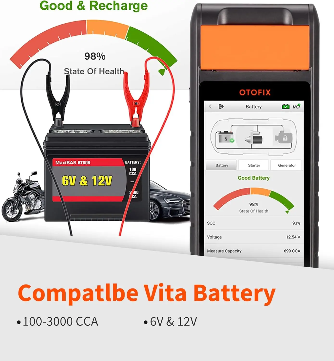 Autel Professional Battery Tester with VCI connection,All Systems Diagnostic Scanner with Printer, Cold Cranking & Charging Anal