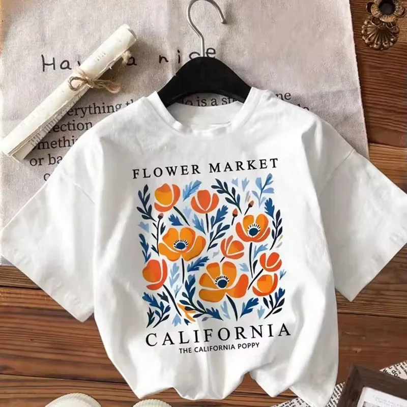 

Футболка с принтом Flowers Market California, женские мягкие летние футболки, топы, повседневная футболка с круглым вырезом, футболка с круглым вырезом и коротким рукавом