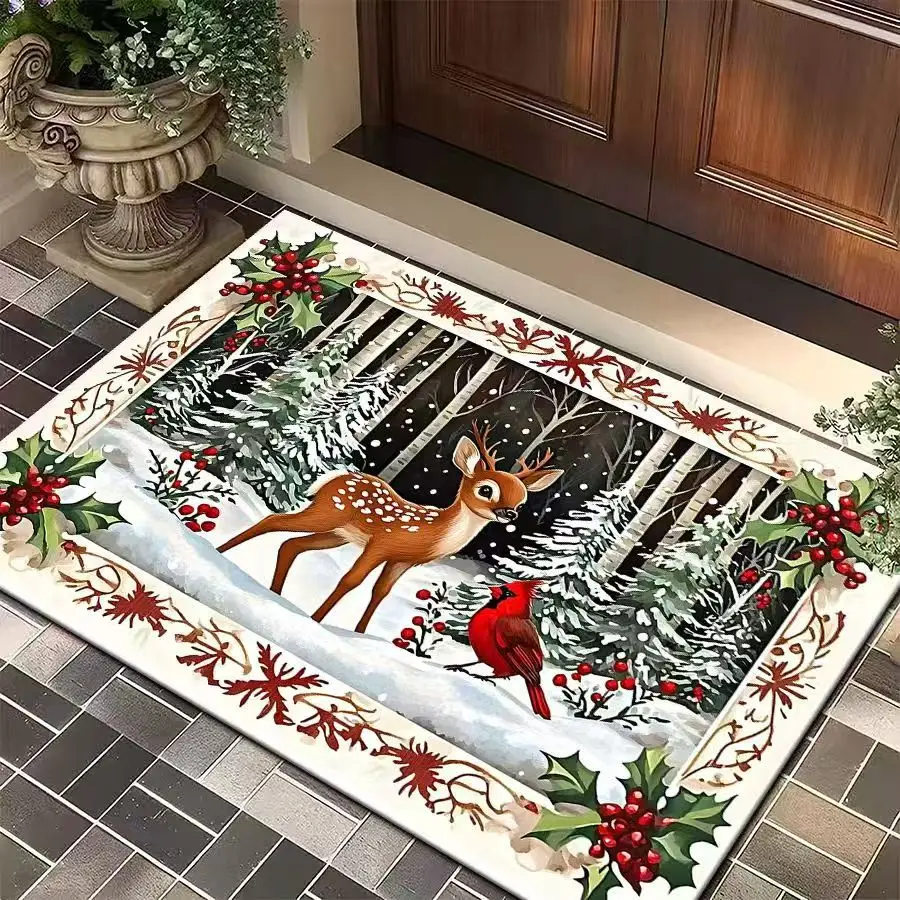 Framed Winter Forest Deer Cardinal print door mat cottage entrance side door hallway Entry Door Rug Daily use Christmas Gift