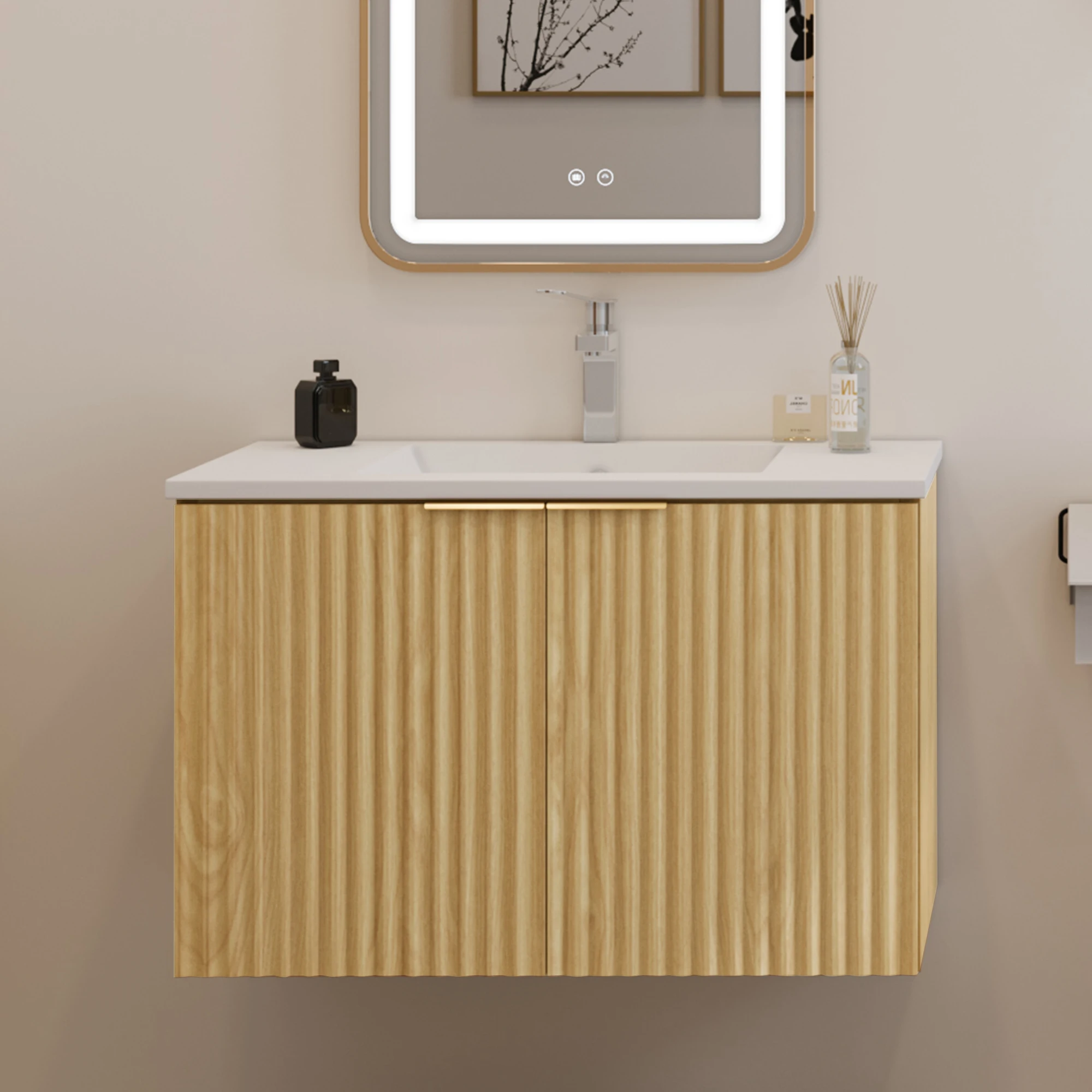 36in Vertical Stripe Wall-Mounted Open Storage Cabinet Retro Single-Layer Large Capacity Suitable for The Bathroom Without Sink
