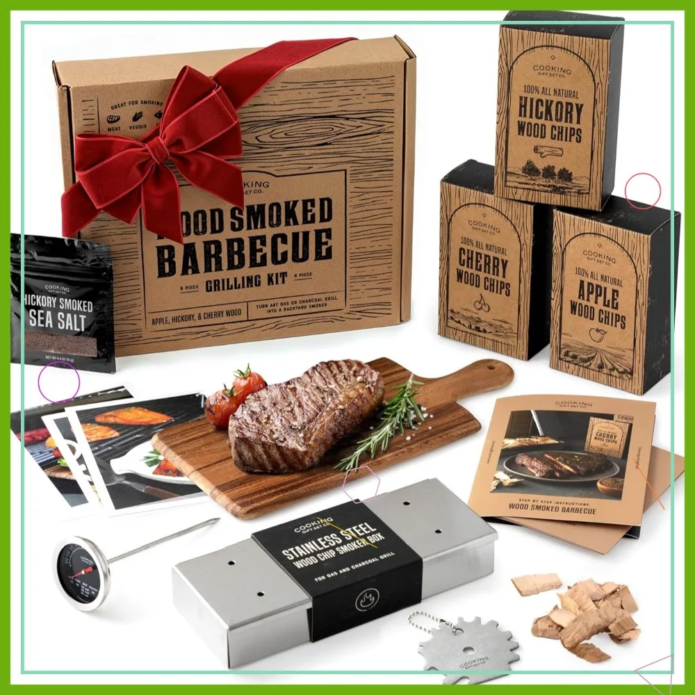 

Complete BBQ Smoker Box Kit with Wood Chips, Thermometer & Recipes for Gas Grills