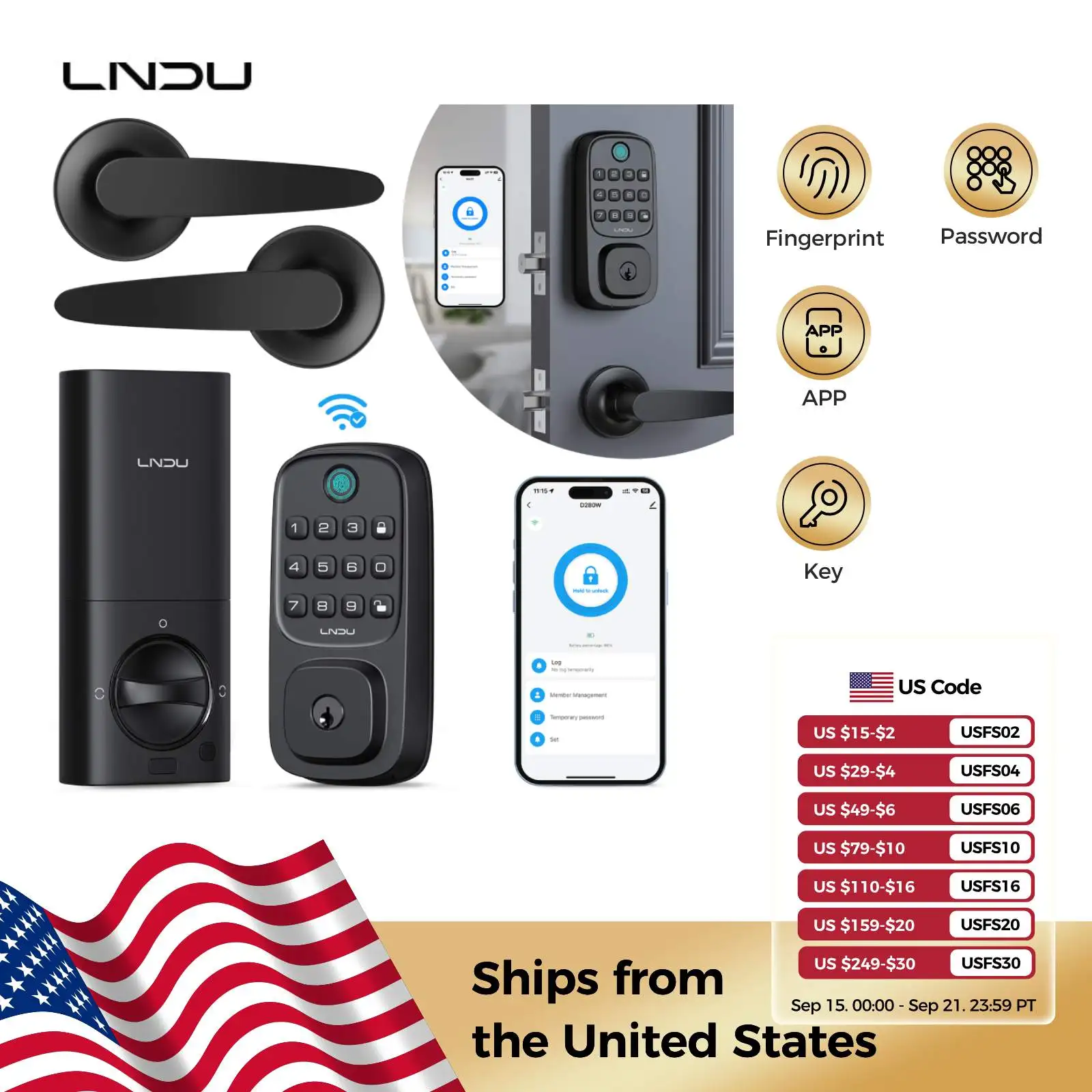 

LNDU Умный дверной замок WL01 Wi-Fi Smart Lock Замок по отпечатку пальца с управлением через приложение 7800 мАч Перезаряжаемая батарея Цифровой электронный замок