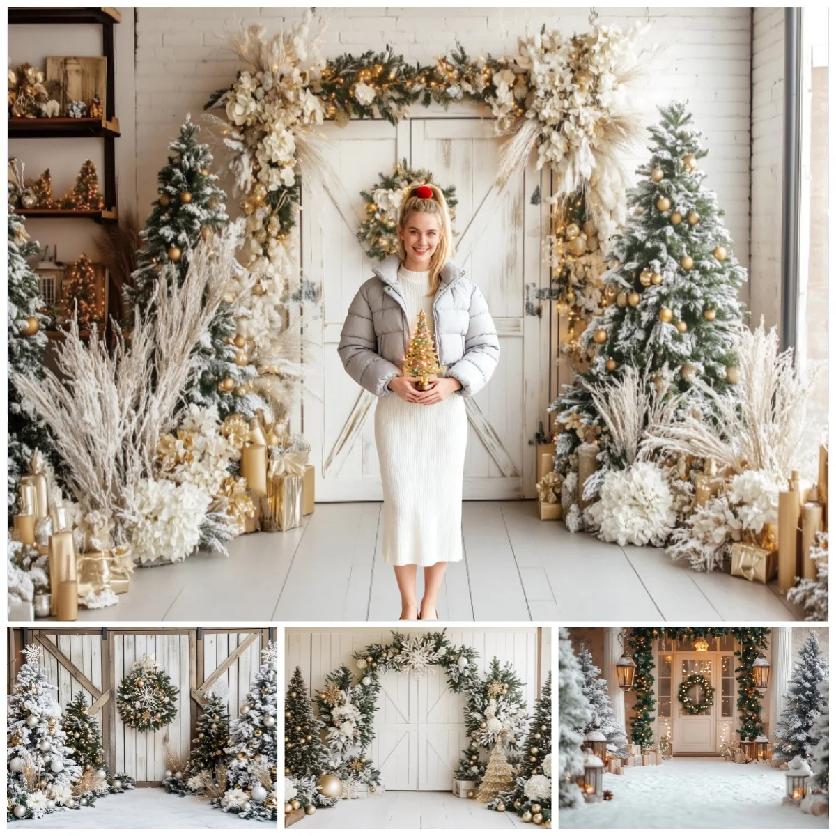 

Christmas Decorations Backdrop Elegant White Door Xmas Trees Golden Floral Wreath For Photo Studio Family Party Background Decor