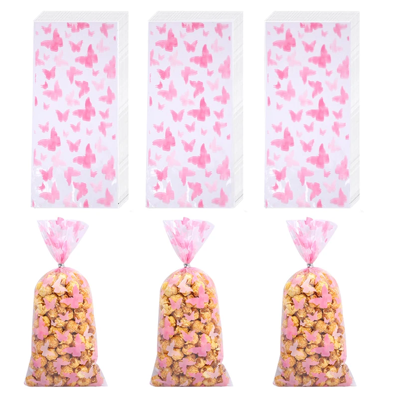 50Pcs Pink Butterflies Cellophane Goody Bags With Silver Twist Ties Plastic Butterfly Candy Bag Treat Bags Party Decor