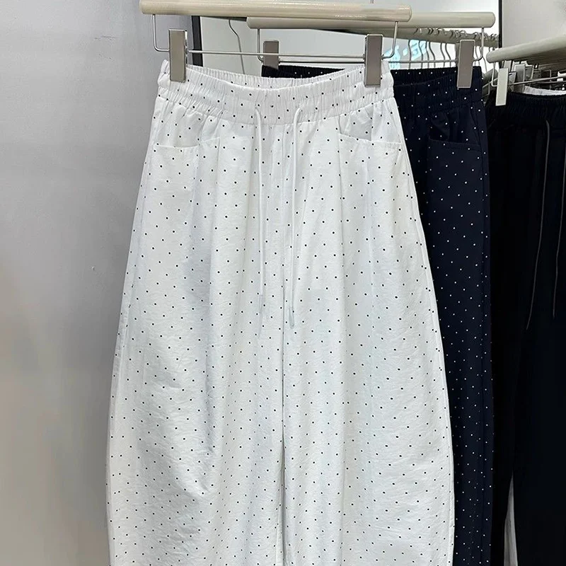Pantalones de pierna ancha de lunares de gran tamaño para mujer Primavera Verano pantalones finos de cintura alta con cordón Casual rectos pantalones de cintura elástica para mujer