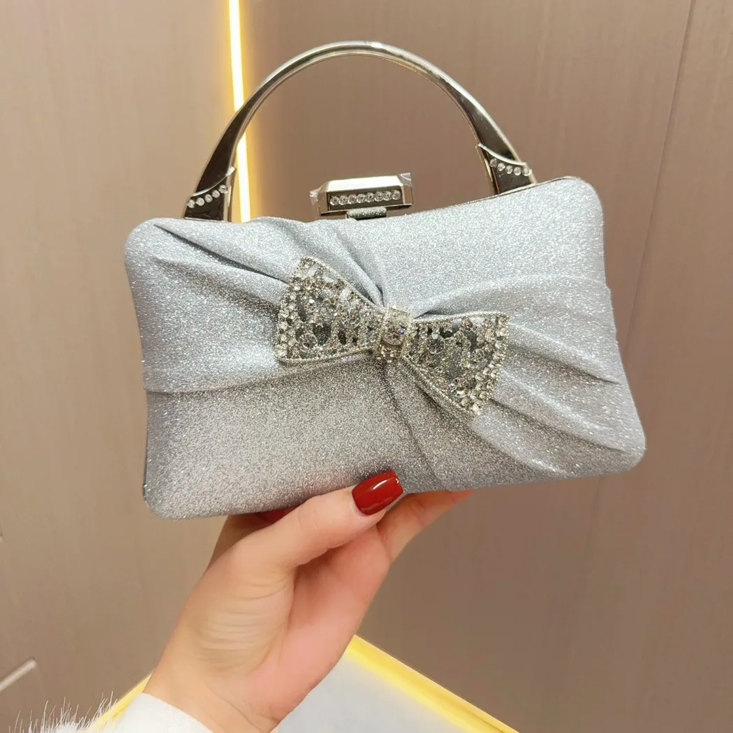 2024 New Women’s Handbags Metal Handle Small Square Clutches Fashion Rhinestone Bow Party Evening Bags Ladies Wedding Prom Purse