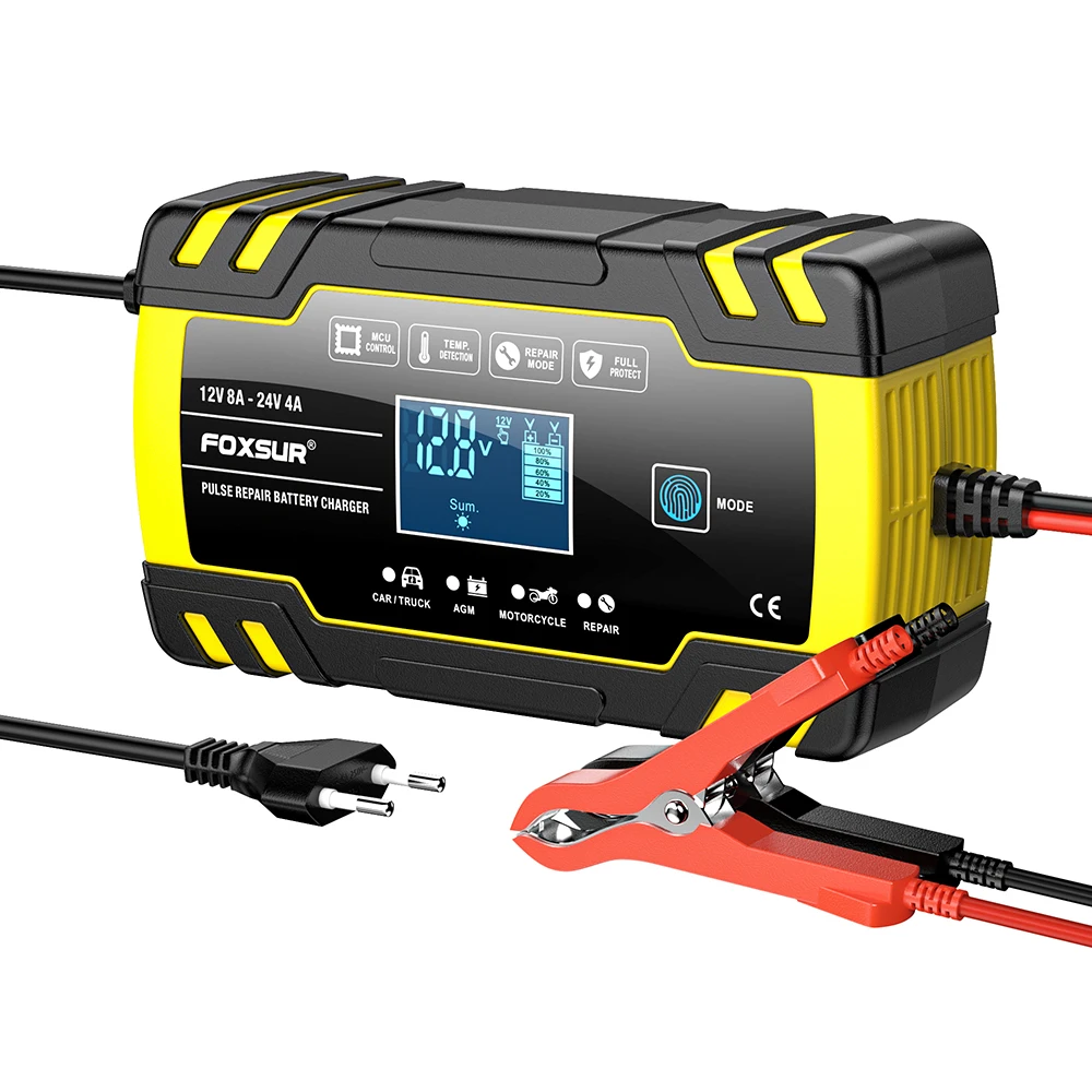 FOXSUR 12V 24V 8A Automatic Smart Battery Charger, 3-stage smart Battery Charger, Car Battery Charger for GEL WET AGM Battery