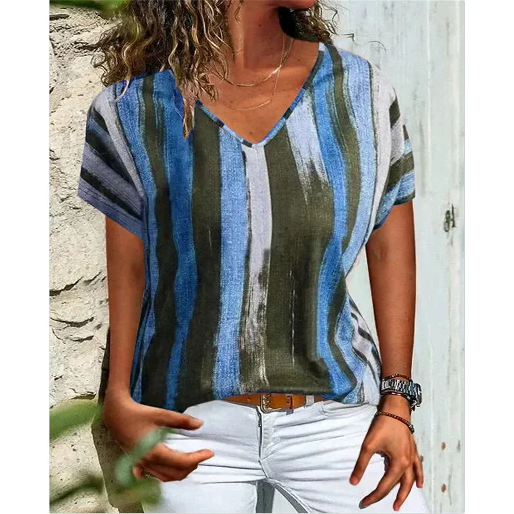 Striped Color Block 3D Printed T-Shirts Women\'s Casual Fashion Vintage Short Sleeve V-Neck T Shirt Girl Tees Tops Woman Clothing
