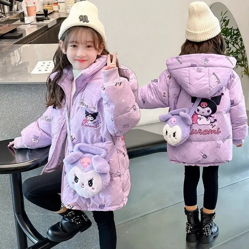 Sanrio Kuromi Down Jacket Teen Girls 2024 Winter Fashion Hooded Velvet Thicken Windbreaker Coat With Bag Kids Clothers Outerwear