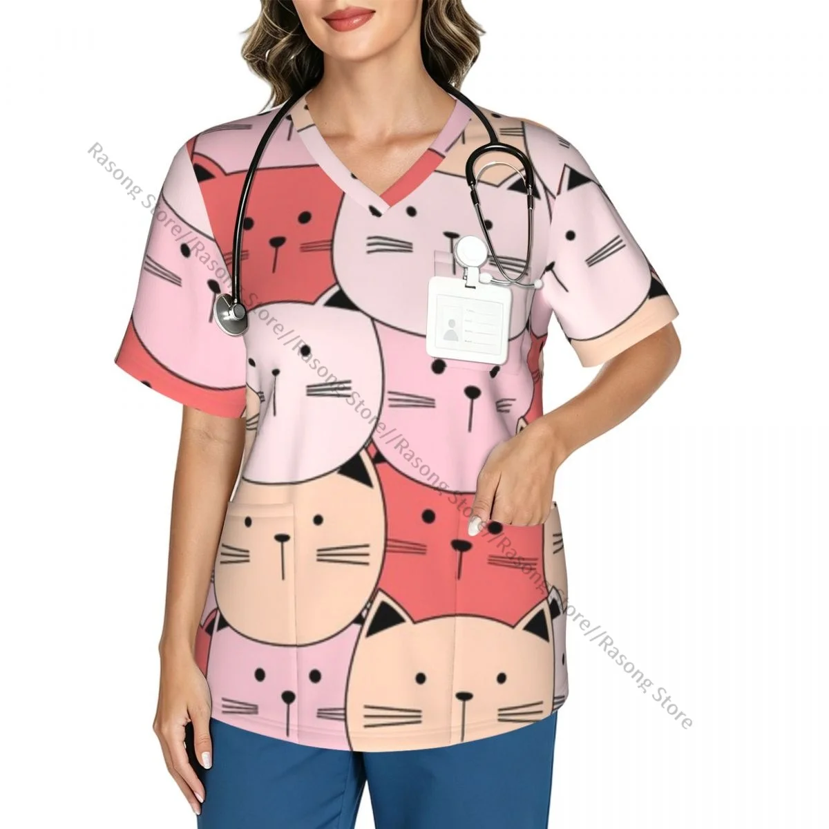 Women's Scrub Tops Short Sleeve Workwear Shirts V Neck Fitness Nursing Uniform Cute Cat Face Pattern Pullover Doctor Shirt