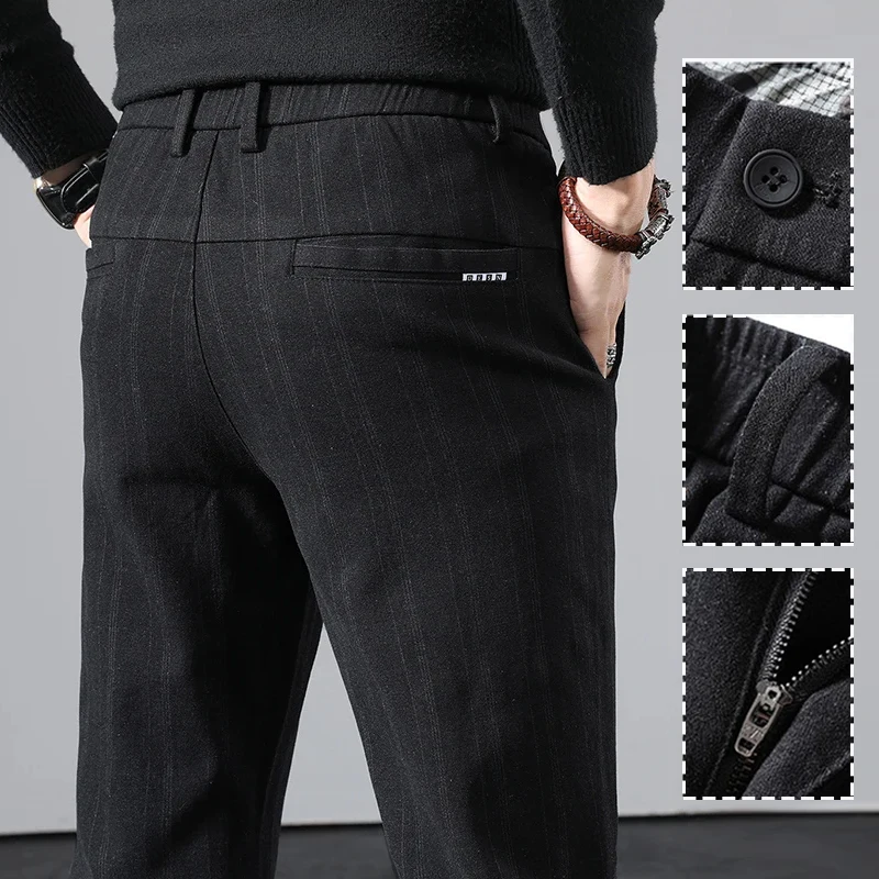 

Men's Slim Fit Casual Pants Elastic Fabric Pinstripe Tapered Leg Trousers Modern Business Versatile for Office Party Daily Wear