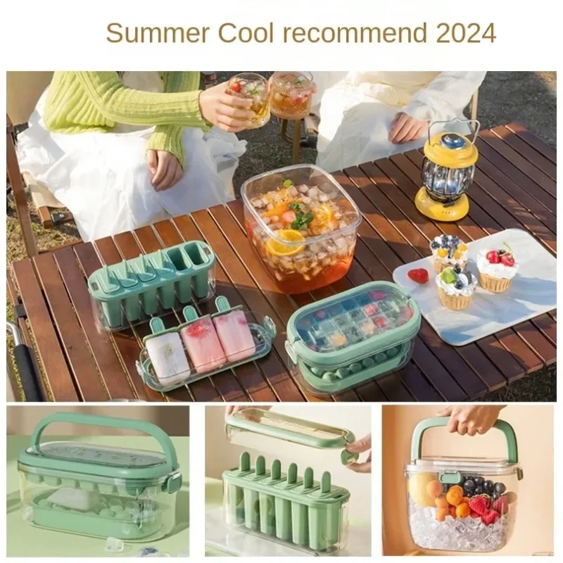 Silicone Ice Cube Tray with Lid and Storage Bin Reusable 2 Layers Plastic Mini Round Ice Ball Maker Mold for Freezer