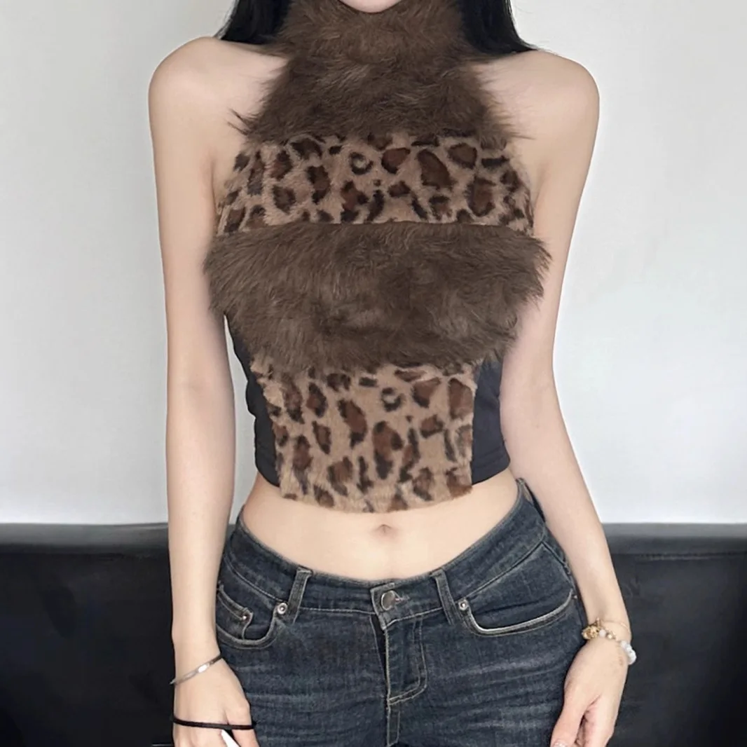 

Summer Sexy Tie-dye Plush Stitching Leopard Print Vest Suspender Women's Trendy Street Y2K Wear HotGirl Characteristic Short Top