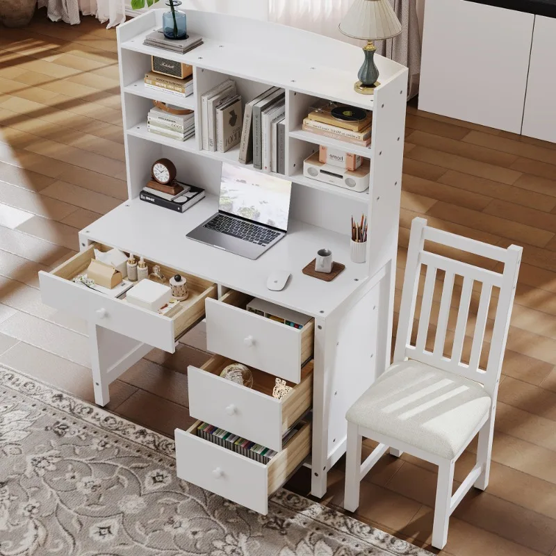 White wooden computer desk with shelves and drawers  home office study desk with chair modern laptop workstation