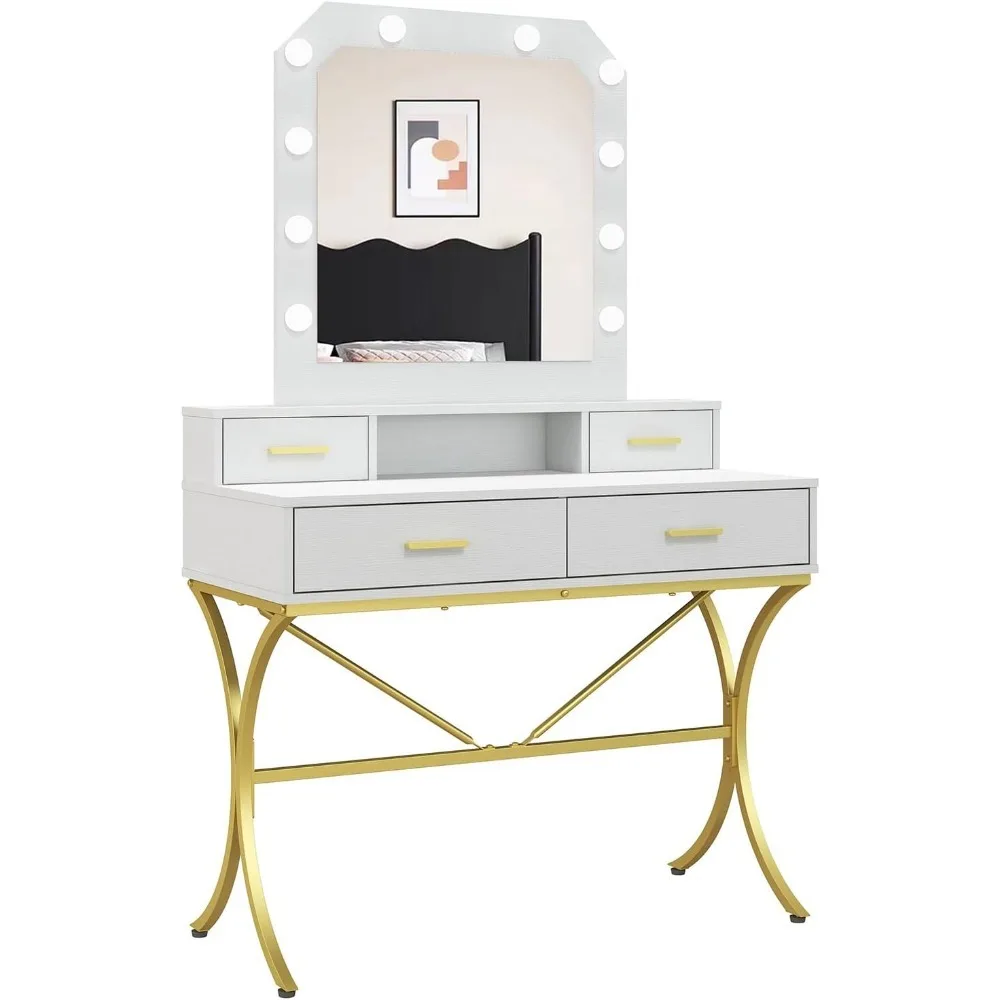 

Table with Lighted Mirror, Modern Makeup Vanity Table with 10 Lights Makeup Desk 4 Drawer Storage Dressing Table for Bedroom